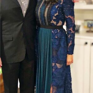 Self-Portrait Navy and teal pleated Floral Lace Dress